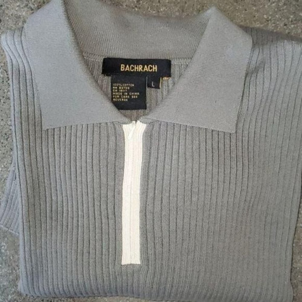 Bachrach Mens Gray Ribbed 100% Cotton Quarter Zip Pullover Sweater Size L